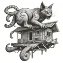 big demon cat on the roof of a hut with chicken legs tattoo design idea