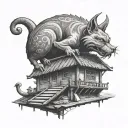 big demon cat on the roof of a hut with chicken legs tattoo design idea