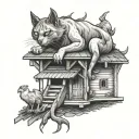 big demon cat on the roof of a hut with chicken legs tattoo design idea