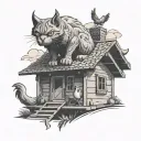 big demon cat on the roof of a hut with chicken legs tattoo design idea