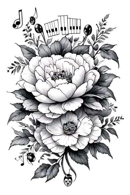 piano keys, music notes, lady bug, peony flower intertwined tattoo design idea