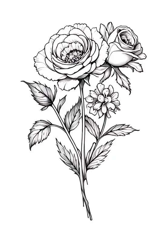 Can you make a small bouquet with one carnation, one violet, one rose and one larkspur in black and white for a tattoo tattoo design idea