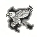 eagle soaring above clouds leaving a feather behind that has the words live with every breath tattoo design idea
