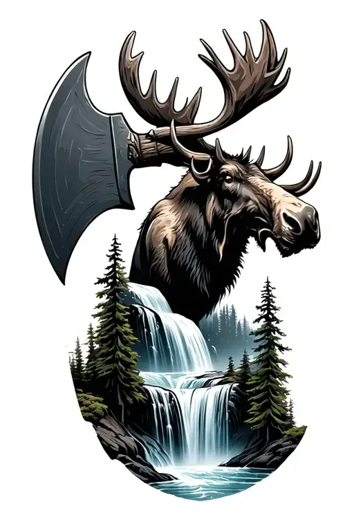 waterfall mountain moose axe tattoo design idea