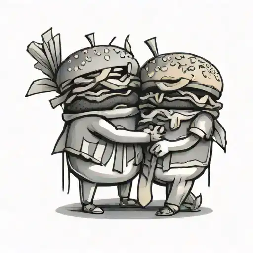 burger and fries friends holding hands tattoo design idea