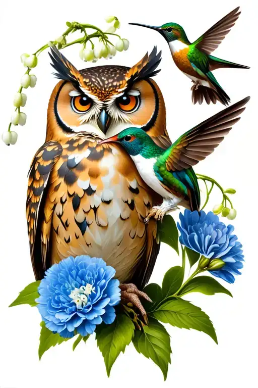 owl and hummingbird with a lily of the valley and blue carnation tattoo design idea