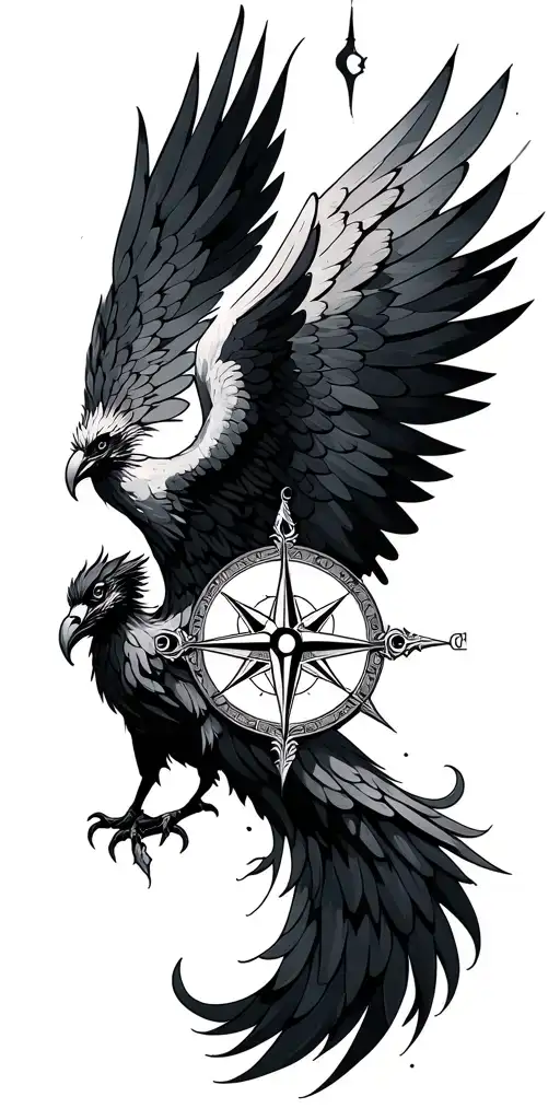 phoenix, compass, angel wings tattoo design idea
