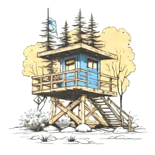 blue Los Angeles lifeguard tower in Aspen trees tattoo design idea