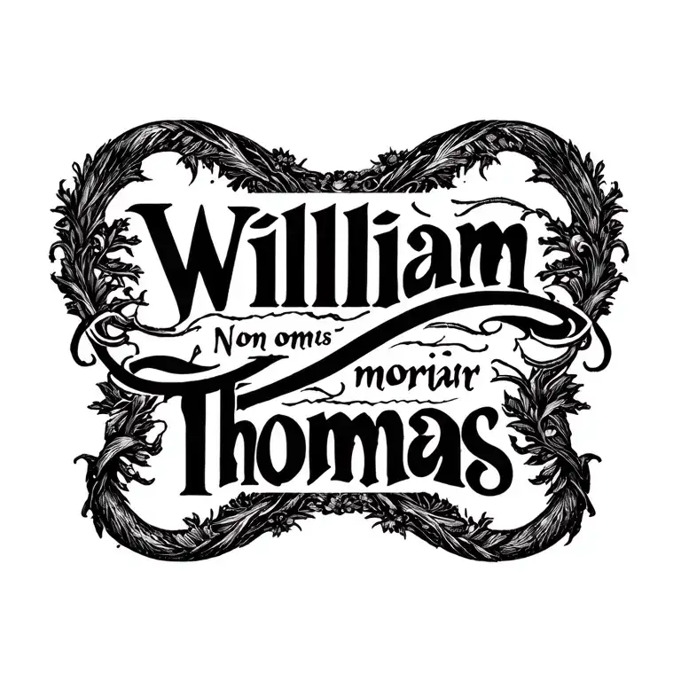 the names "William" and "Thomas" with the saying "non omnis moriar" forming a circle around the two names. tattoo design idea