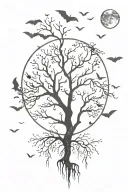 poison tree with bats flying across and a moon rising tattoo design idea