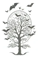 poison tree with bats flying across and a moon rising tattoo design idea