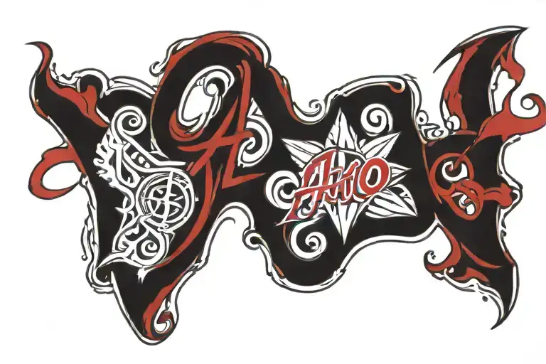 "Aho blood" in red script, trailing off. include 3 nautical stars in black and red underneath the words  tattoo design idea