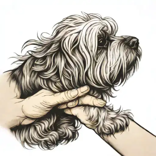 Grey scale Havanese giving paw to human hand side view tattoo design idea