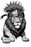 lion with gladiator helmet protecting his tribe. black and white style. fierce tattoo design idea