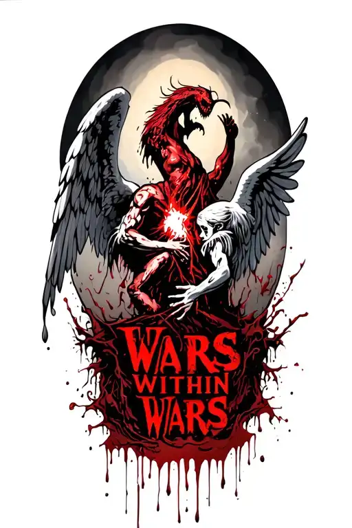 "Wars within Wars" angels and demons fighting blood dripping tattoo design idea