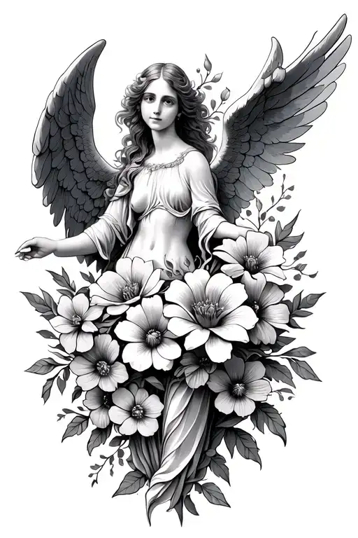 angel and flowers intertwined symbolizing Gemini tattoo design idea