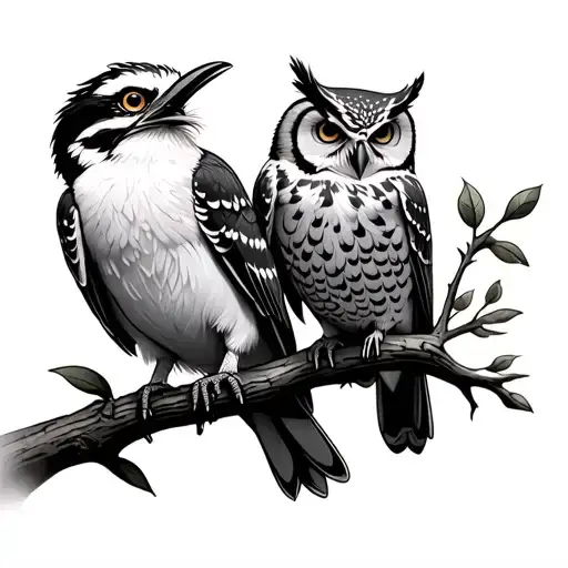 kookaburra and owl perched on a branch tattoo design idea