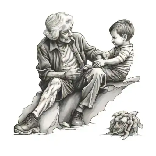 a little boy climbing up onto his grandmas knees  tattoo design idea