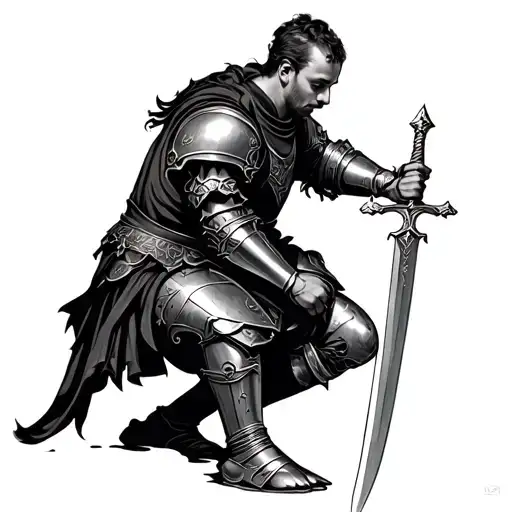 English medieval knight bowing on one knee holding sword tattoo design idea