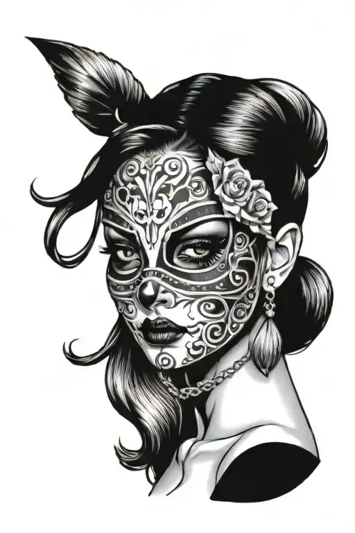 girl with a mask taken of with happy and sad face  tattoo design idea