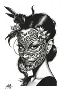 girl with a mask taken of with happy and sad face  tattoo design idea