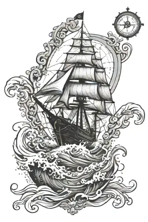 ship surrounded by waves crashing, old compass design tattoo design idea