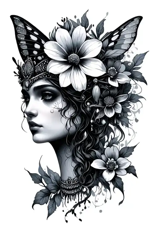 dark moody queen of night flower moth and half alive female face goddess tattoo design idea