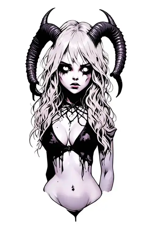 Sexy Pale Girl, Petite, Big Boobs, Wide Hips, G-string. Messy Hair, Demonic Horns, Sexual.... on hood, white eyes tattoo design idea