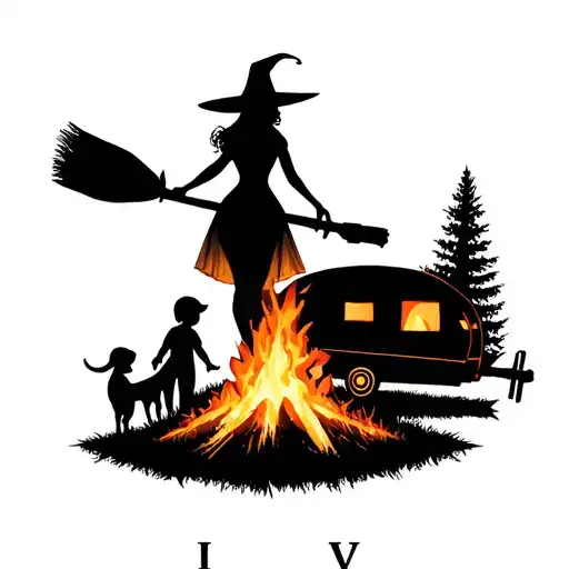 "IV V MMXIV" silhouette of busty sexy witch bride on broomstick over a campsite with a trailer and campfire with children & dog tattoo design idea
