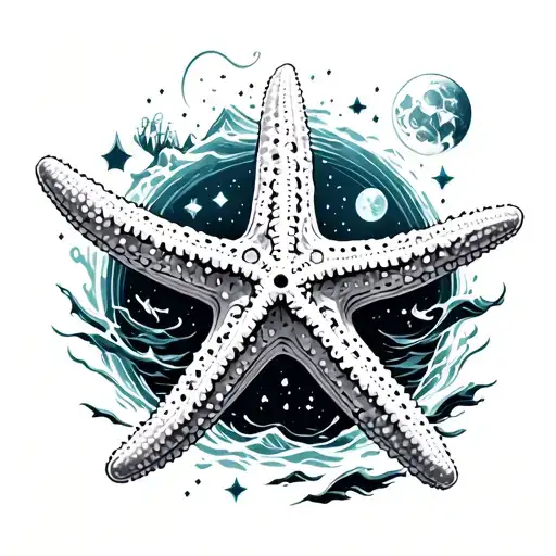 mountain ocean starfish surrounded by celestial elements tattoo design idea