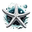 mountain ocean starfish surrounded by celestial elements tattoo design idea