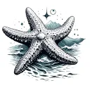 mountain ocean starfish surrounded by celestial elements tattoo design idea