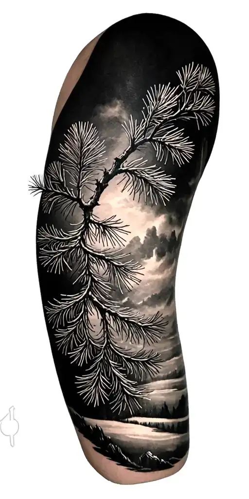 pine tree branch black and white tattoo design idea