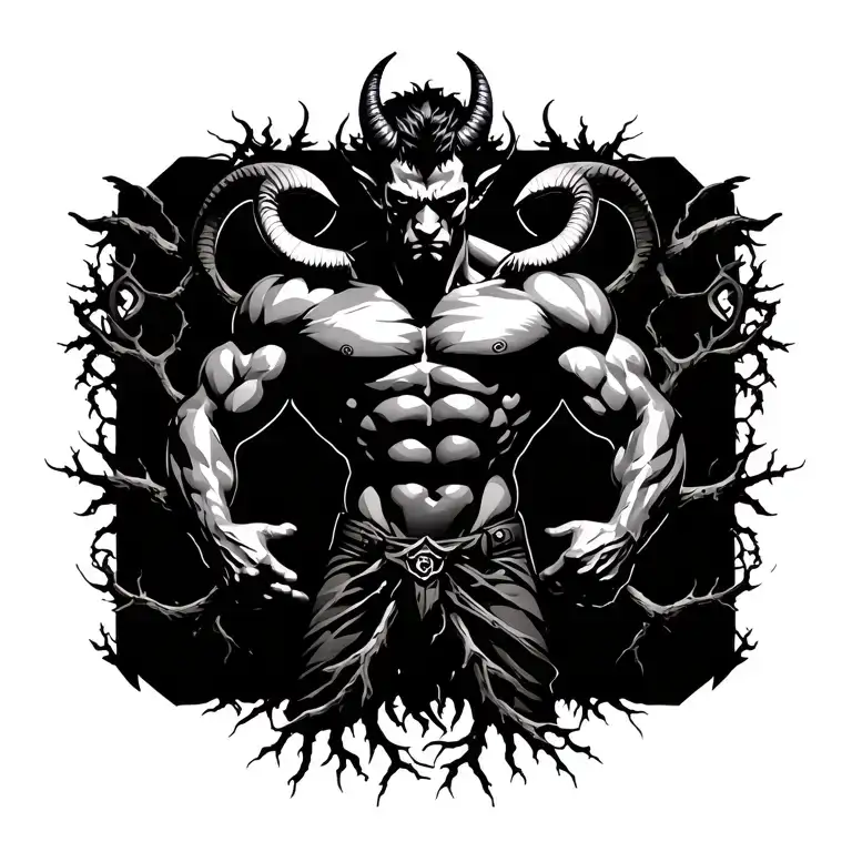 Gay male horned satyr with massive bodybuilder muscles. Surrounded by natural tree roots, vines and sigils tattoo design idea