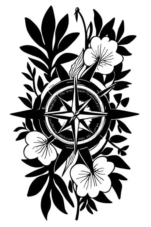 compass with arrow surrounded by violets tattoo design idea
