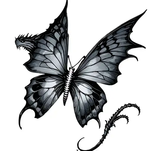 skeletal dragon tattoo featuring butterfly's tattoo design idea