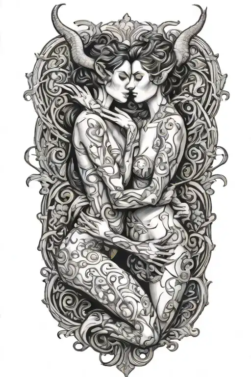 Two succubi making out, embracing. Sexual, erotic. tattoo design idea