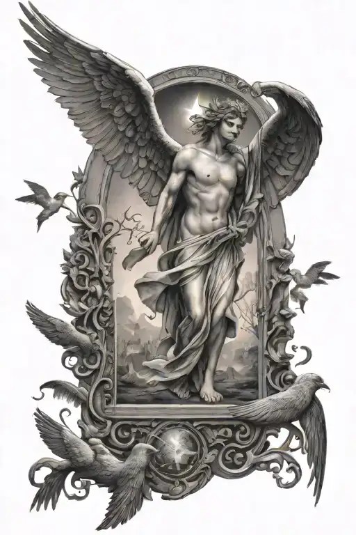 an angel walking through the gates of heaven with birds flying around and the sun shining tattoo design idea