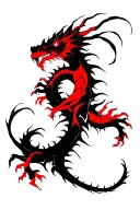 "Abstract dragon tattoo, fine line with red accents, brush style, vertical flow, minimalistic, modern tribal, side place tattoo design idea