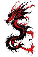 "Abstract dragon tattoo, fine line with red accents, brush style, vertical flow, minimalistic, modern tribal, side place tattoo design idea