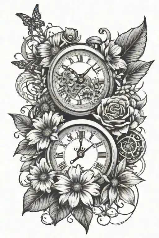 daisys with baby footprint and stop watch mechanism intertwined tattoo design idea