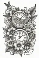 daisys with baby footprint and stop watch mechanism intertwined tattoo design idea