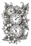 daisys with baby footprint and stop watch mechanism intertwined tattoo design idea