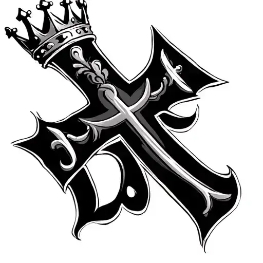  simple christian cross with a crown ontop and the letters d j a integrated tattoo design idea