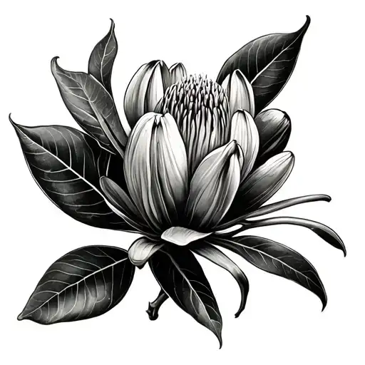 eucalptus, gumnuts, golden wattle flower tattoo design idea