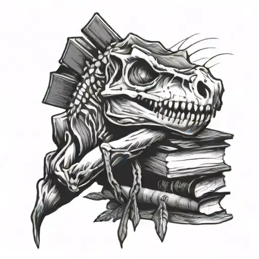 frazzled squirrel drawing a T. rex skull over books with a crayon  tattoo design idea