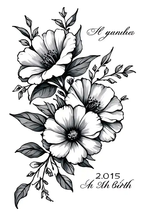 Flowers and date of birth tattoo design idea