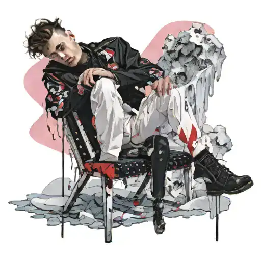 A boy in white and pink clothes covered with a black cloth sitting on an ice chair at the top of the mountain with a roy tattoo design idea