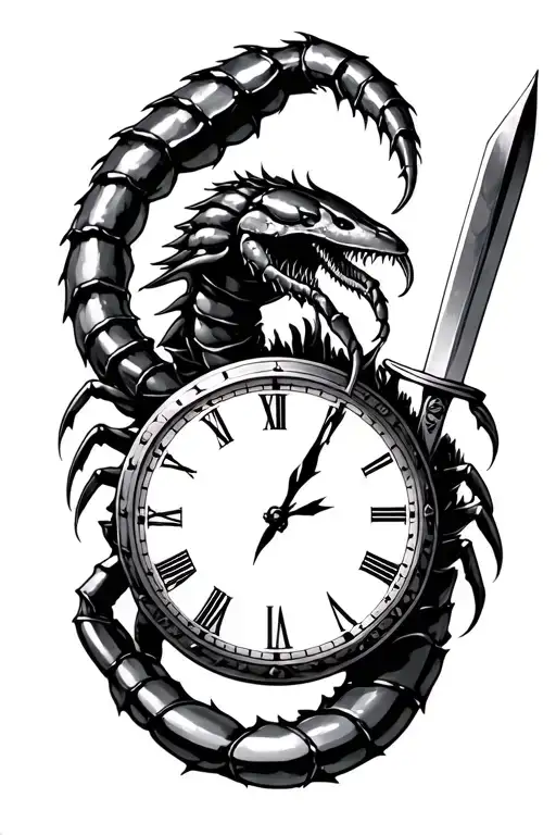Scorpion holding a dagger and a clock tattoo design idea