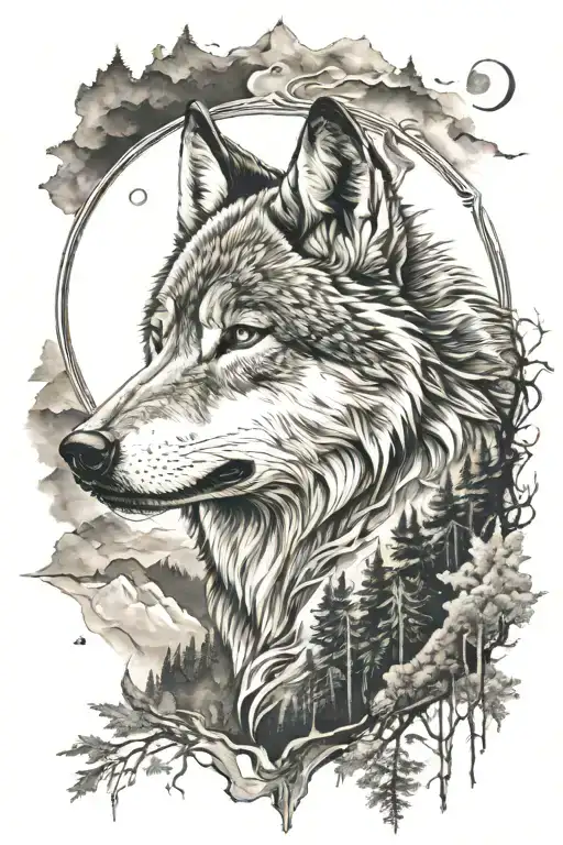 tattoo design of a close up wolf face, mountain, forest, sun, moon, river tattoo design idea